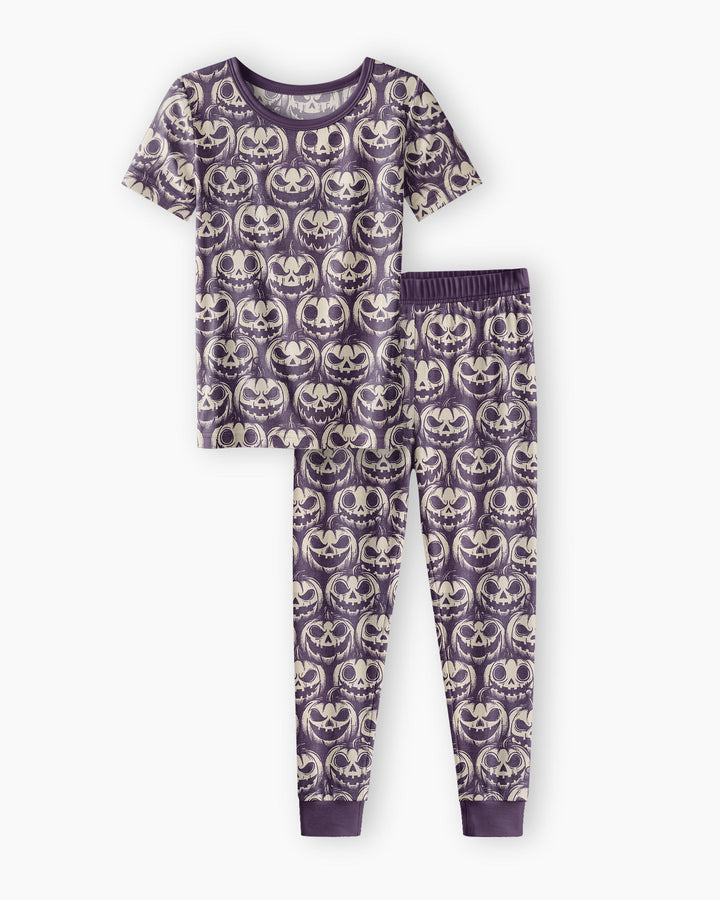 Retro Halloween Jack-O-Lantern Spooky Faces Bamboo Two Piece Short Sleeve Pajama Set
