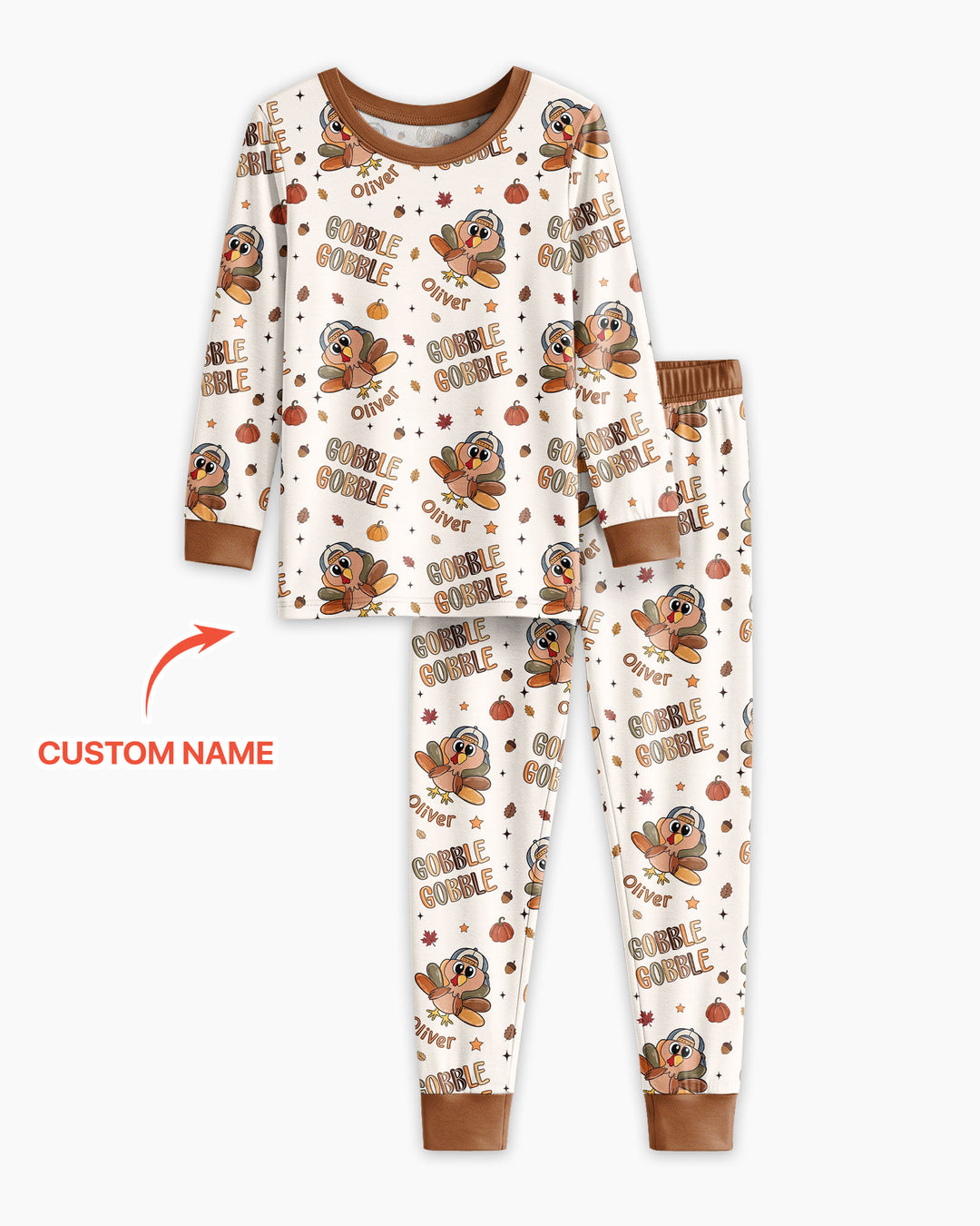 Custom Name Gobble Gobble Bamboo Two Piece Long Sleeve Pajama Set