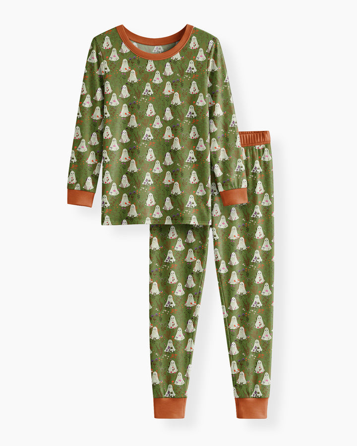 Cute Ghost Halloween Moss Green Floral Bamboo Two Piece Long Sleeve Pajama Set