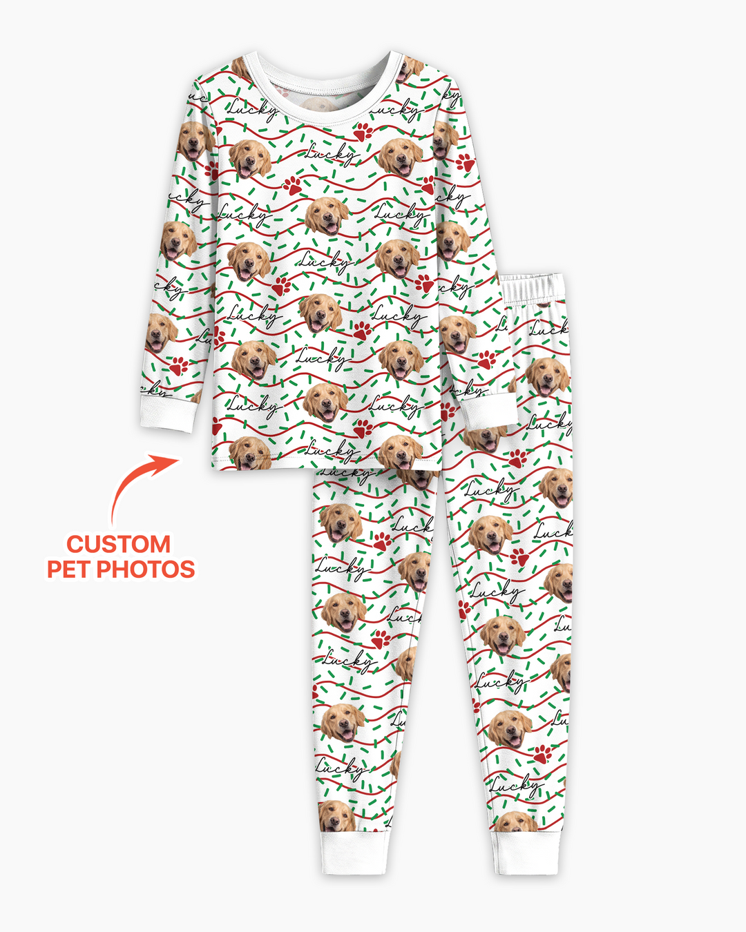 Custom Pet Photo Christmas Sprinkles Bamboo Two Piece Long Sleeve Pajama Set