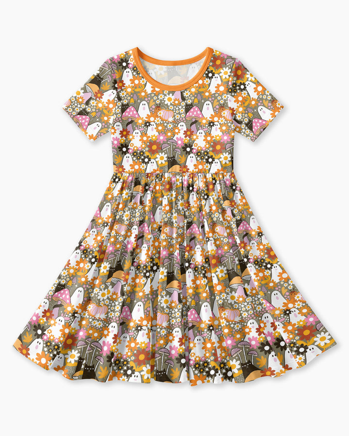 Retro Ghost Mushroom Floral Halloween Bamboo Twirl Dress