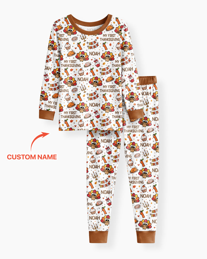 Custom Name Doodle Turkey My First Thanksgiving Bamboo Two Piece Long Sleeve Pajama Set