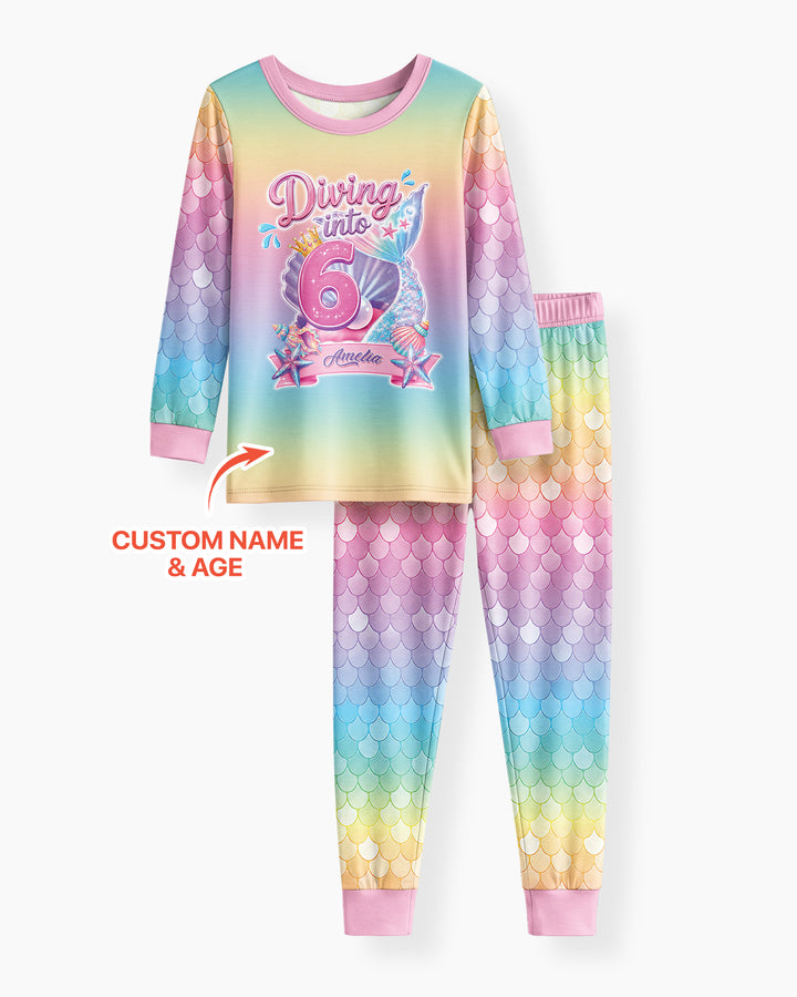 Mermaid Birthday Custom Name & Age Bamboo Two Piece Long Sleeve Pajama Set