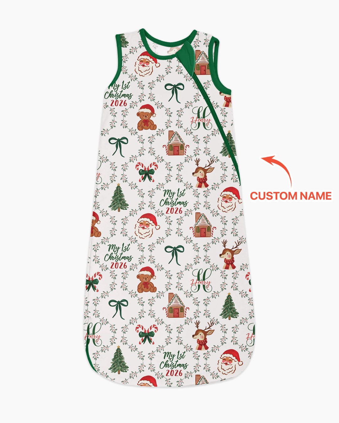 Custom name "Fancy Monogram Green Christmas 2026" Bamboo Sleep Bag