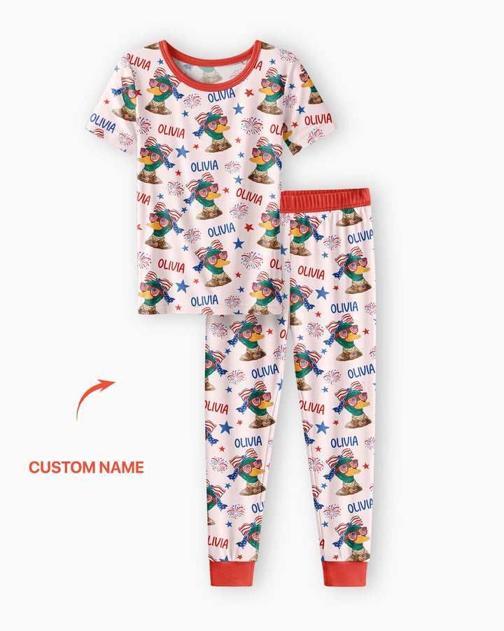 Custom Name Patriotic Mallard Duck Bamboo Two Piece Short Sleeve Pajama Set