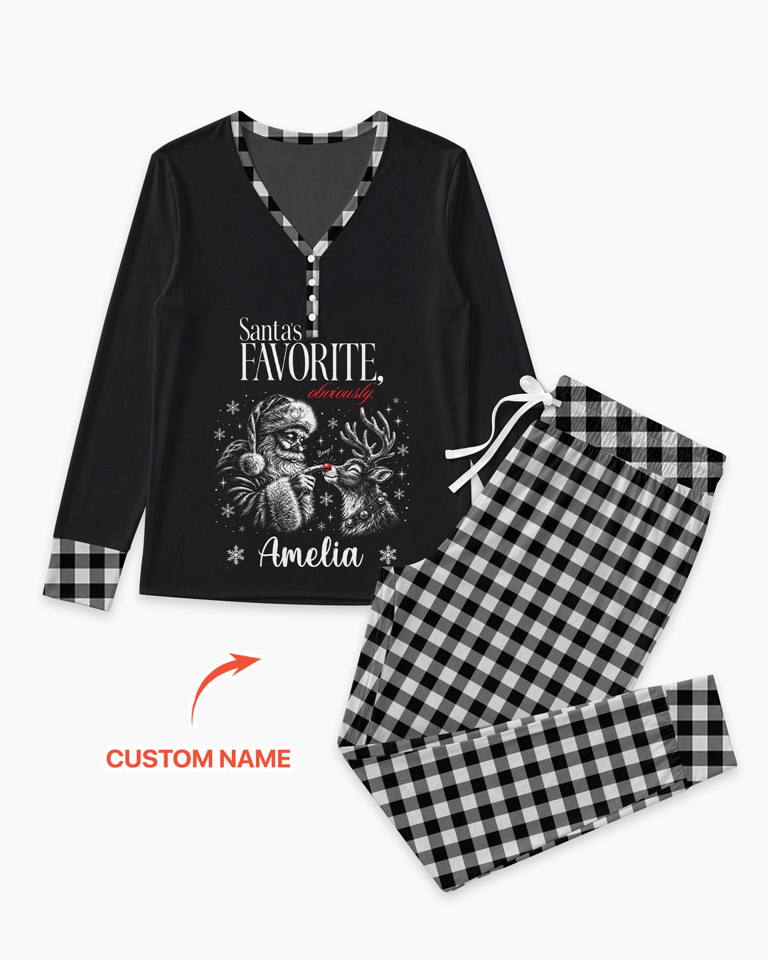 Custom Name Santa's Favorite Buffalo Plaid Bamboo Women Pajama Set