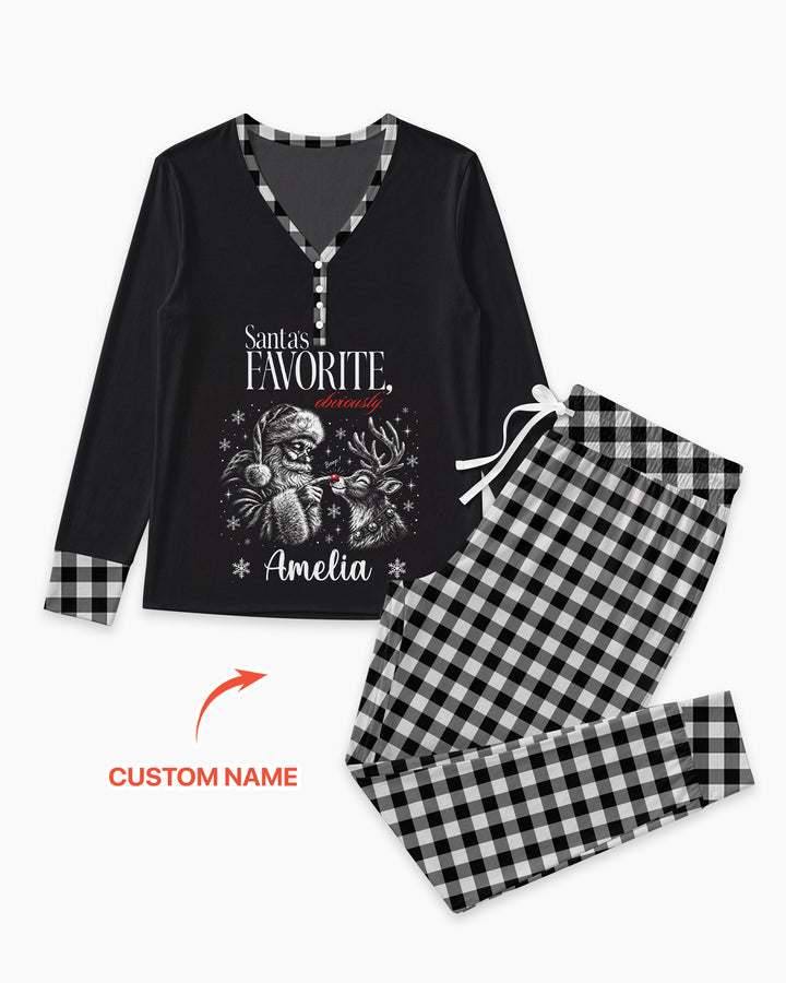 Custom Name Santa's Favorite Buffalo Plaid Bamboo Women Pajama Set
