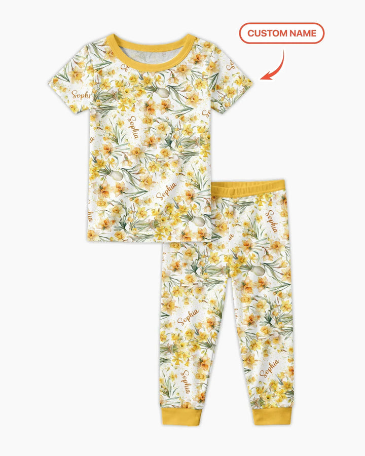 Custom Name Birth Month Flowers Bamboo Two Piece Short Sleeve Pajama Set