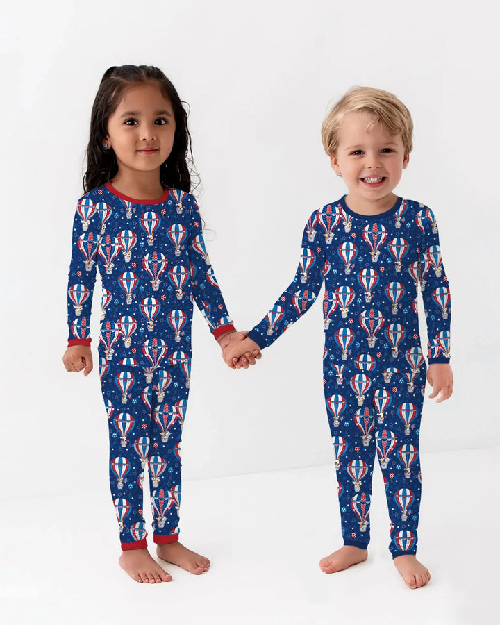 Patriotic Pups in Hot Air Balloons Family Matching Bamboo Two Piece Long Sleeve Pajama Set