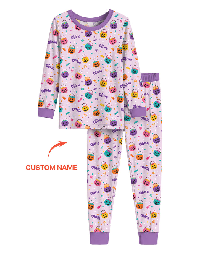 Custom Colorful Trick Or Treat Halloween Candy Bag Bamboo Two Piece Long Sleeve Pajama Set