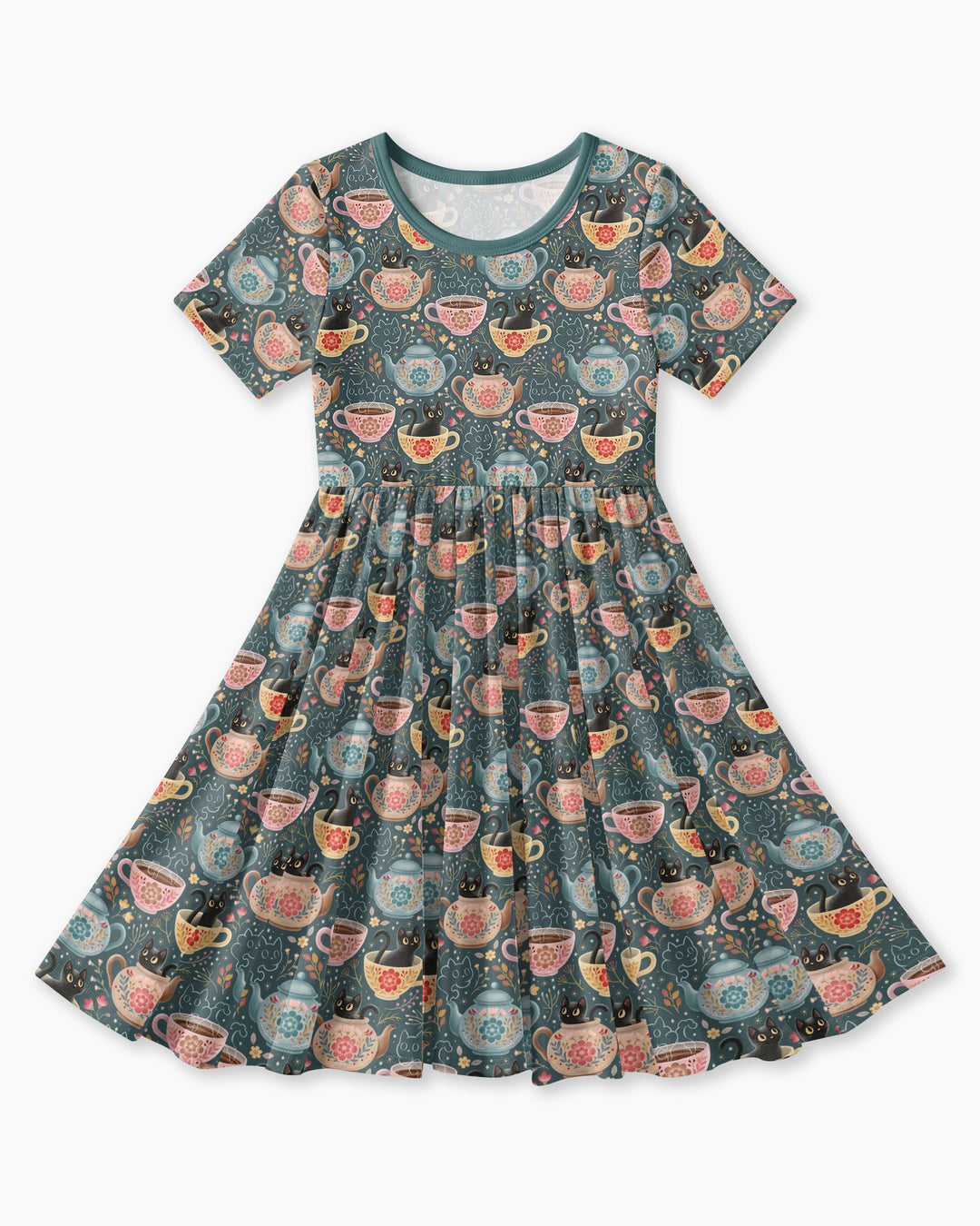 Folk Floral Black Cat Tea Party Bamboo Twirl Dress