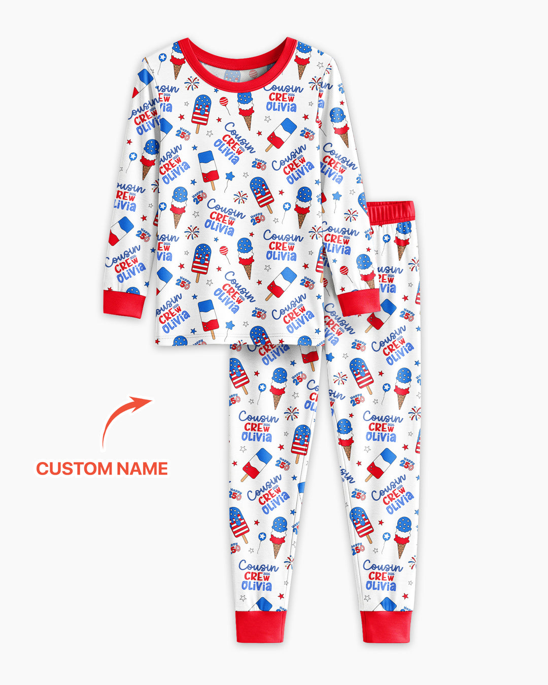 Custom Name 4th of July Cousin Crew Bamboo Two Piece Long Sleeve Pajama Set