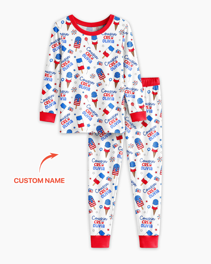 Custom Name 4th of July Cousin Crew Bamboo Two Piece Long Sleeve Pajama Set