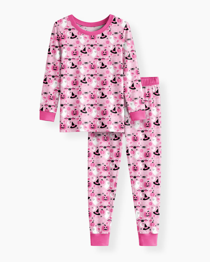 Cute Pink Halloween Ghost Pumpkin Witch Bamboo Two Piece Long Sleeve Pajama Set