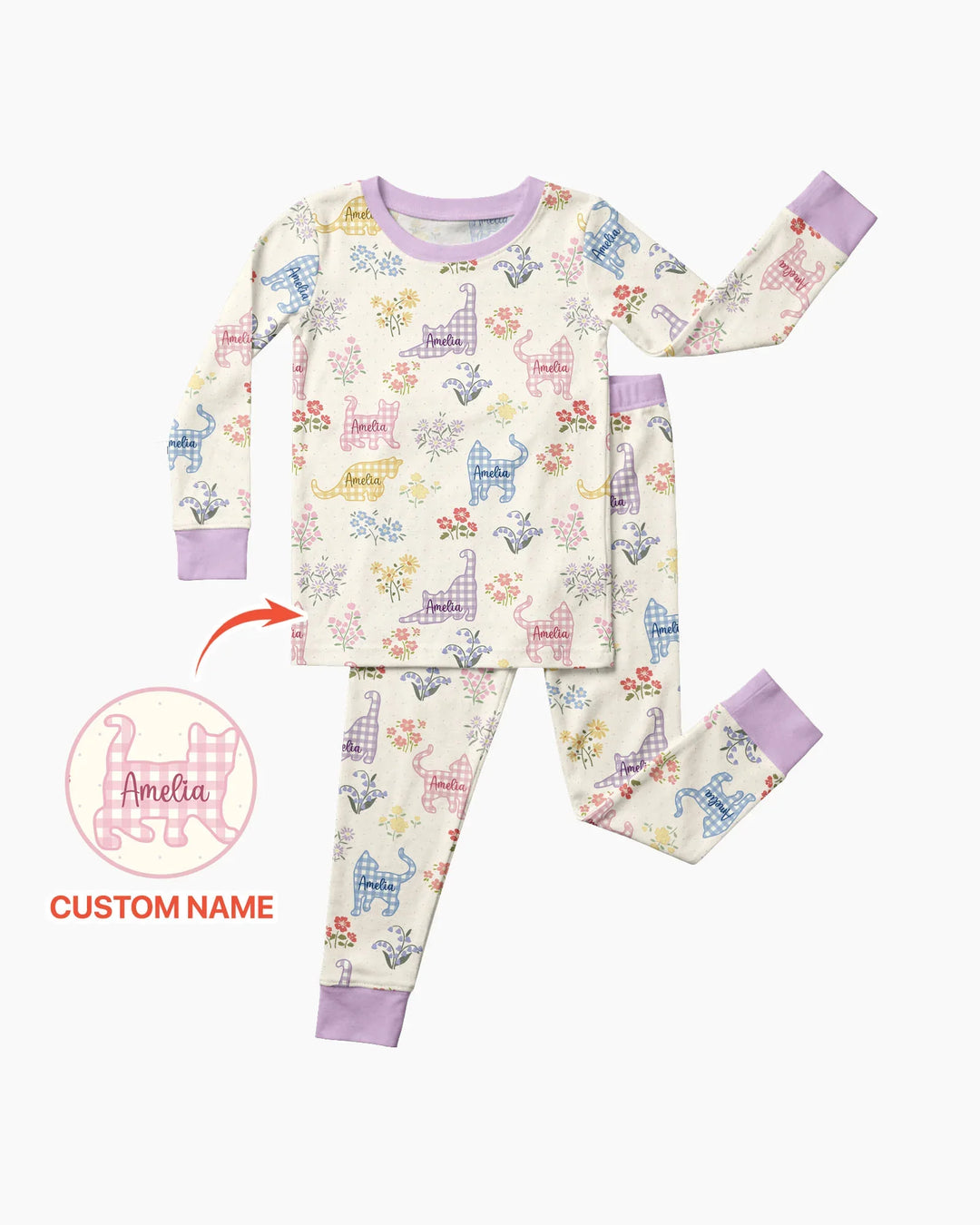 Gingham Cats Custom Name Bamboo Two Piece Long Sleeve Pajama Set