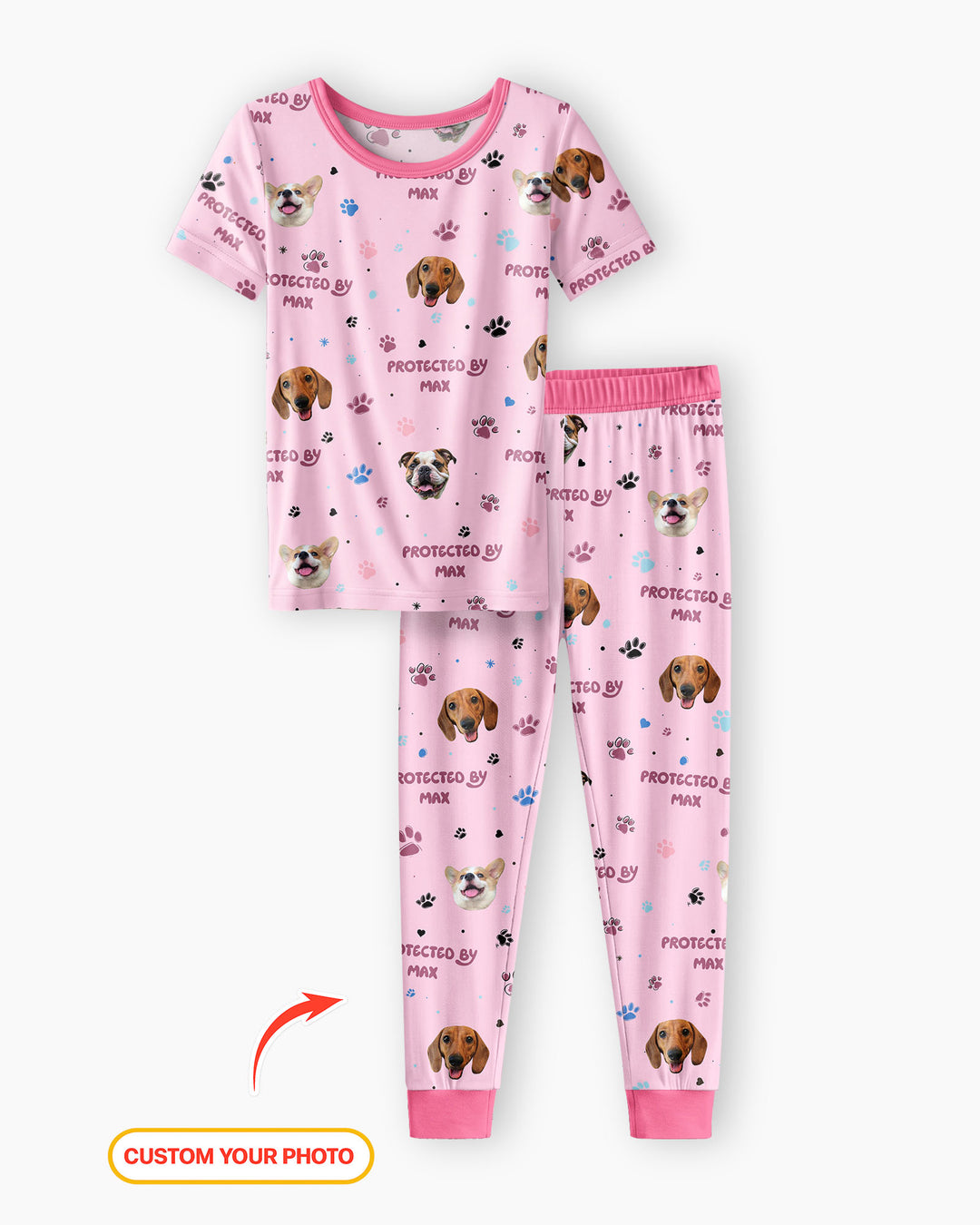 Custom Dog Photos "Protected By" Pawfect Pink Bamboo Two Piece Short Sleeve Pyjamas Set