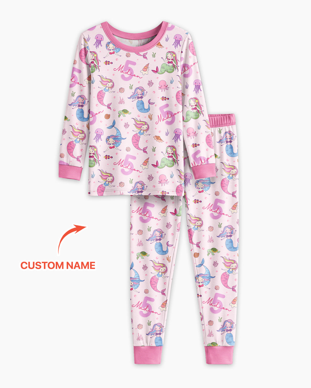 Custom Name Birthday Mermaid Bamboo Two Piece Long Sleeve Pajama Set