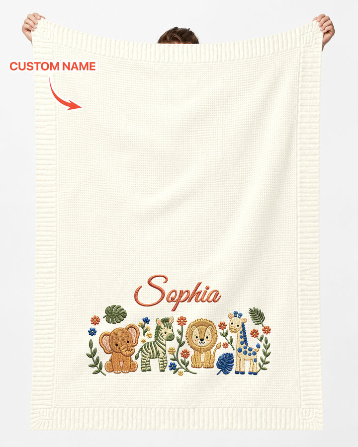 Safari Animal Embroidered Baby Cotton Blanket