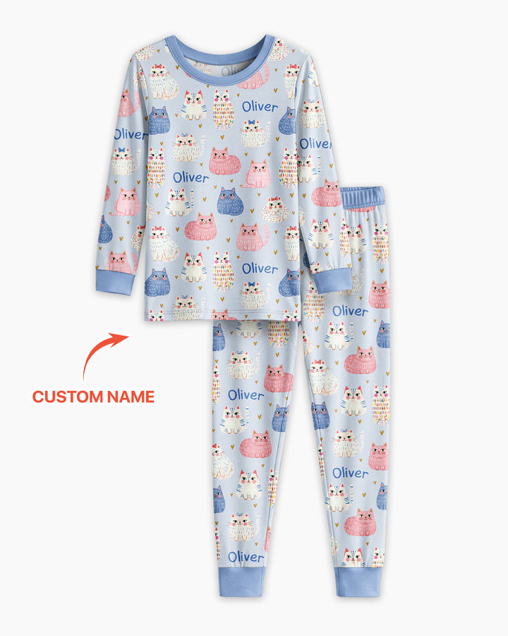 Custom Name Cute Pastel Cat Bamboo Two Piece Long Sleeve Pajama Set