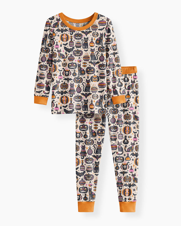 Whimsical Tribal Retro Halloween Black Cats Pumpkins Bamboo Two Piece Long Sleeve Pajama Set