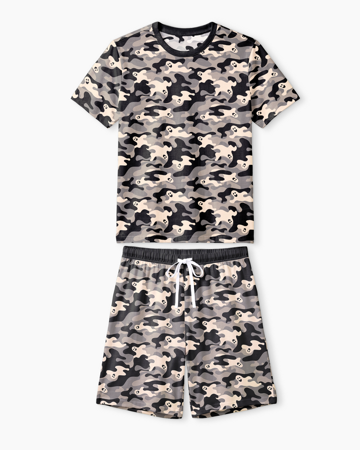 Camo Halloween Ghost Bamboo Men Short Sleeve Short Pajama Set