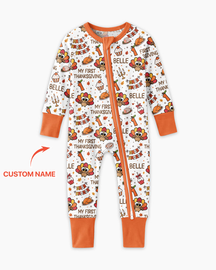 Custom Name Doodle Turkey My First Thanksgiving Bamboo Convertible Zippy