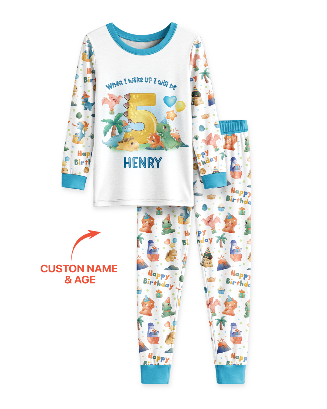 Custom Name When I Wake Up Birthday Dino Bamboo Two Piece Long Sleeve Pajama Set