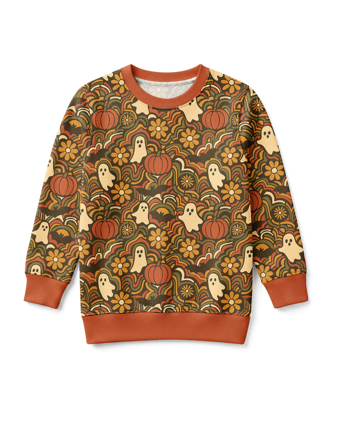 Retro Halloween Ghost Pumpkin Floral Bamboo Crewneck Sweatshirt