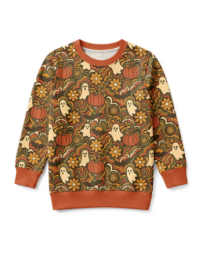 Retro Halloween Ghost Pumpkin Floral Bamboo Crewneck Sweatshirt