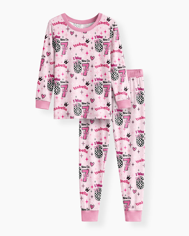 I Was 6 Now I'm 7 Girls Birthday Bamboo Two Piece Long Sleeve Pajama Set