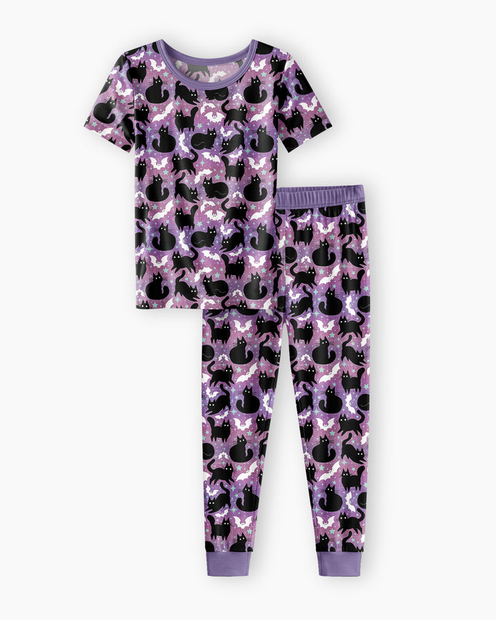 Spooky Black Cat Halloween Purple Bats Bamboo Two Piece Short Sleeve Pajama Set