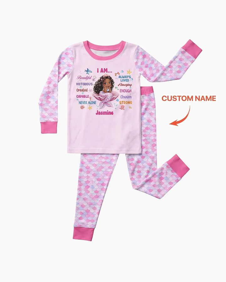Custom Name Black Mermaid I Am Beautiful Bamboo Two Piece Long Sleeve Pajama Set