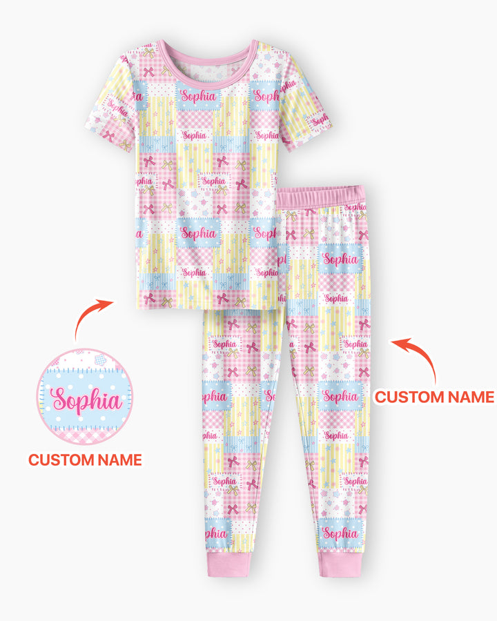 Custom Name Sweet Patchwork Bamboo Two Piece Short Sleeve Pajama Set