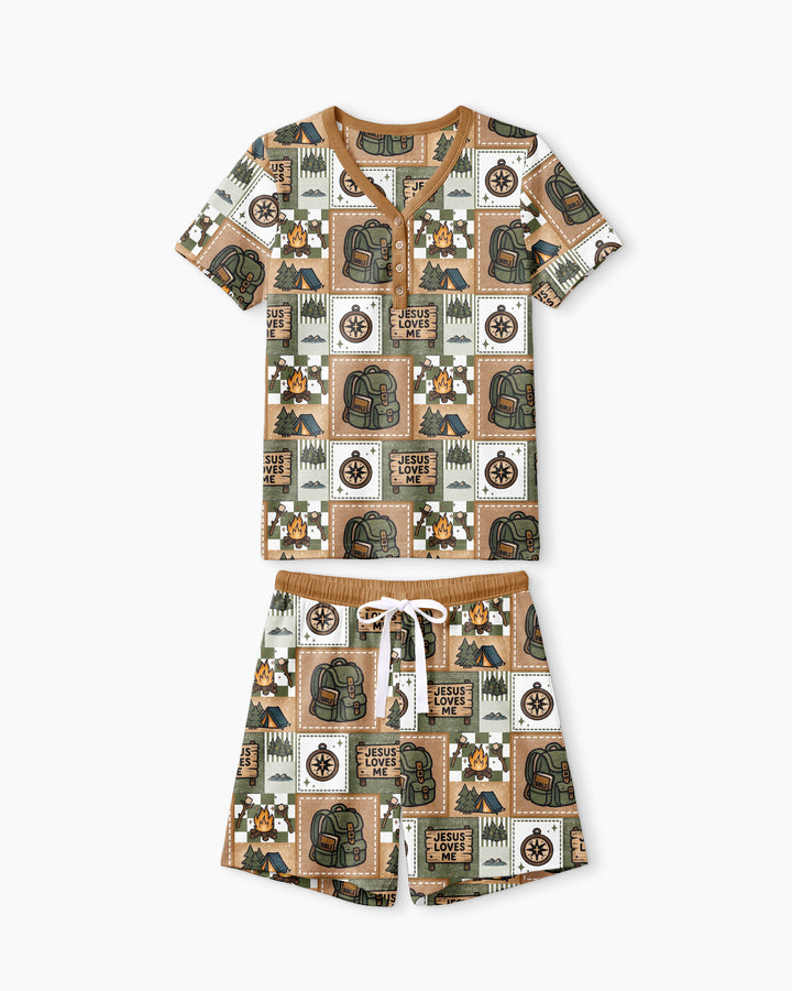 Camping Jesus Loves Me Bamboo Women Short Sleeve Short Pajama Set