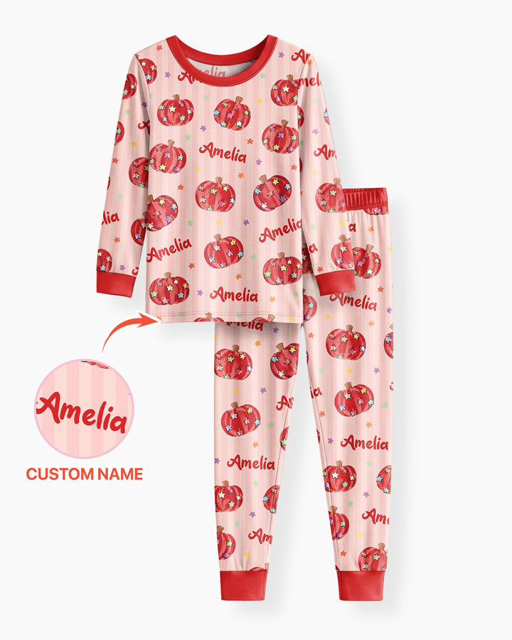 Colorful Star Pumpkin Custom Name Bamboo Two Piece Long Sleeve Pajama Set