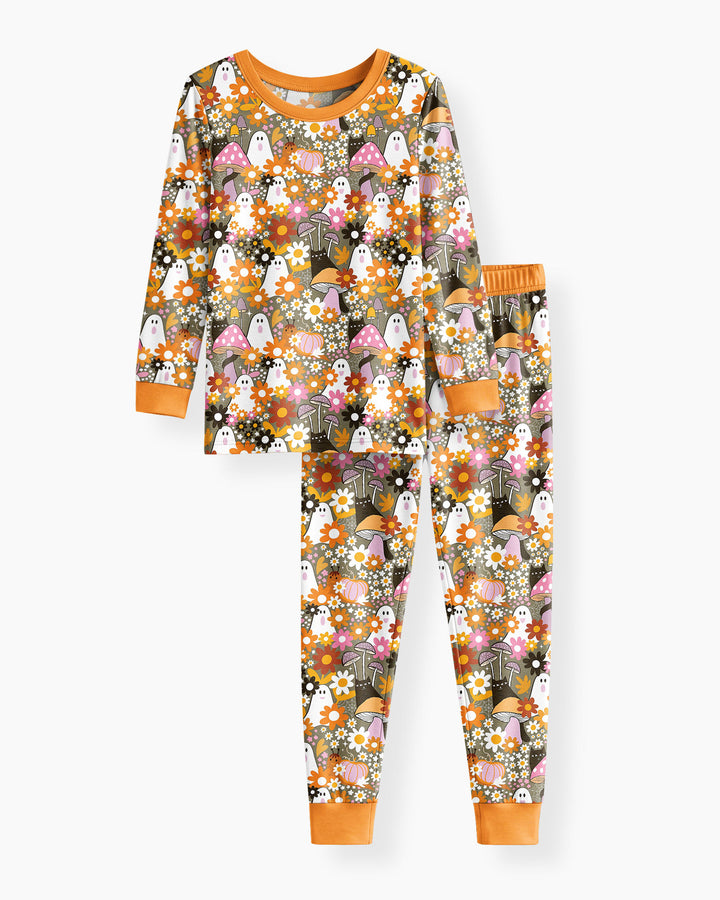 Retro Ghost Mushroom Floral Halloween Bamboo Two Piece Long Sleeve Pajama Set