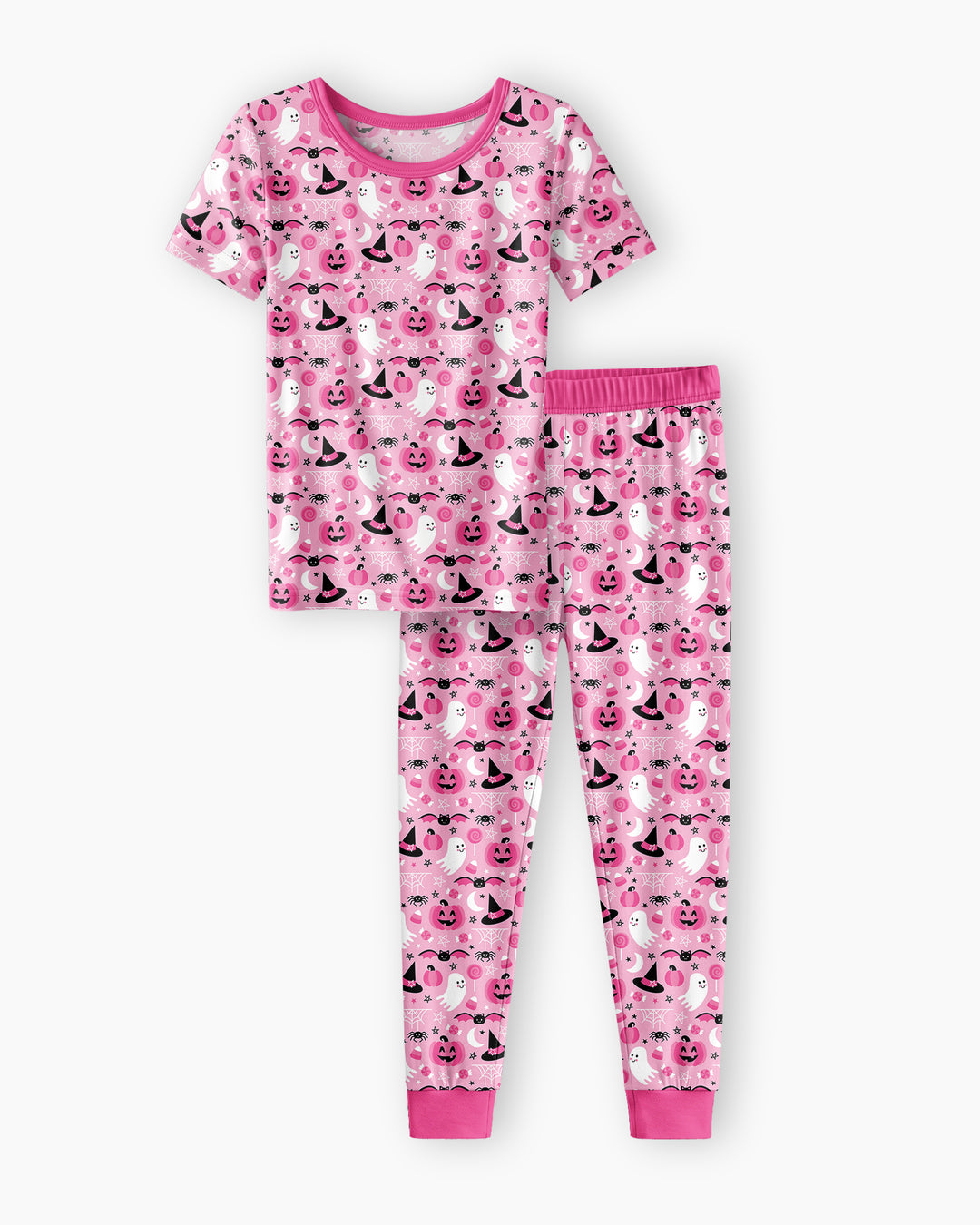 Cute Pink Halloween Ghost Pumpkin Witch Bamboo Two Piece Short Sleeve Pajama Set