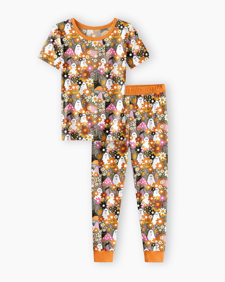 Retro Ghost Mushroom Floral Halloween Bamboo Two Piece Short Sleeve Pajama Set