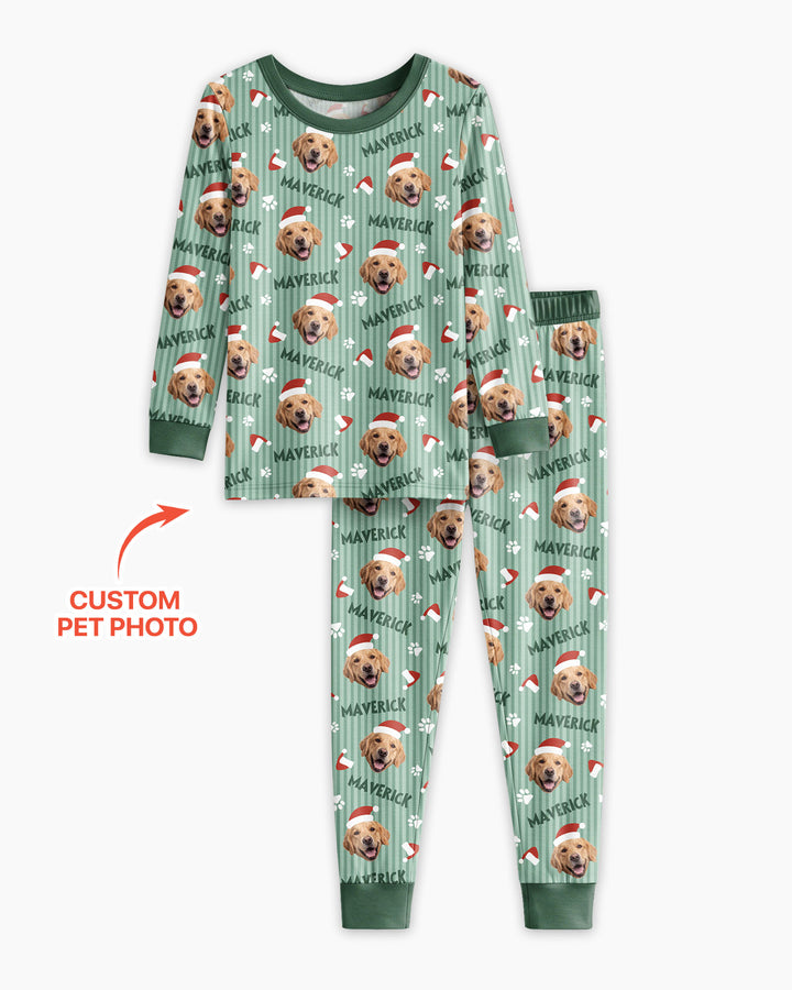 Custom Pet Photo Christmas Paws Stripe Bamboo Two Piece Long Sleeve Pajama Set