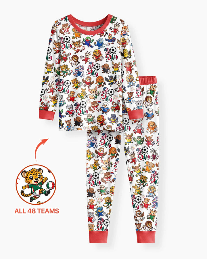 Kawaii Animals Soccer Tour 2026 Family Matching Bamboo Two Piece Long Sleeve Pajama Set