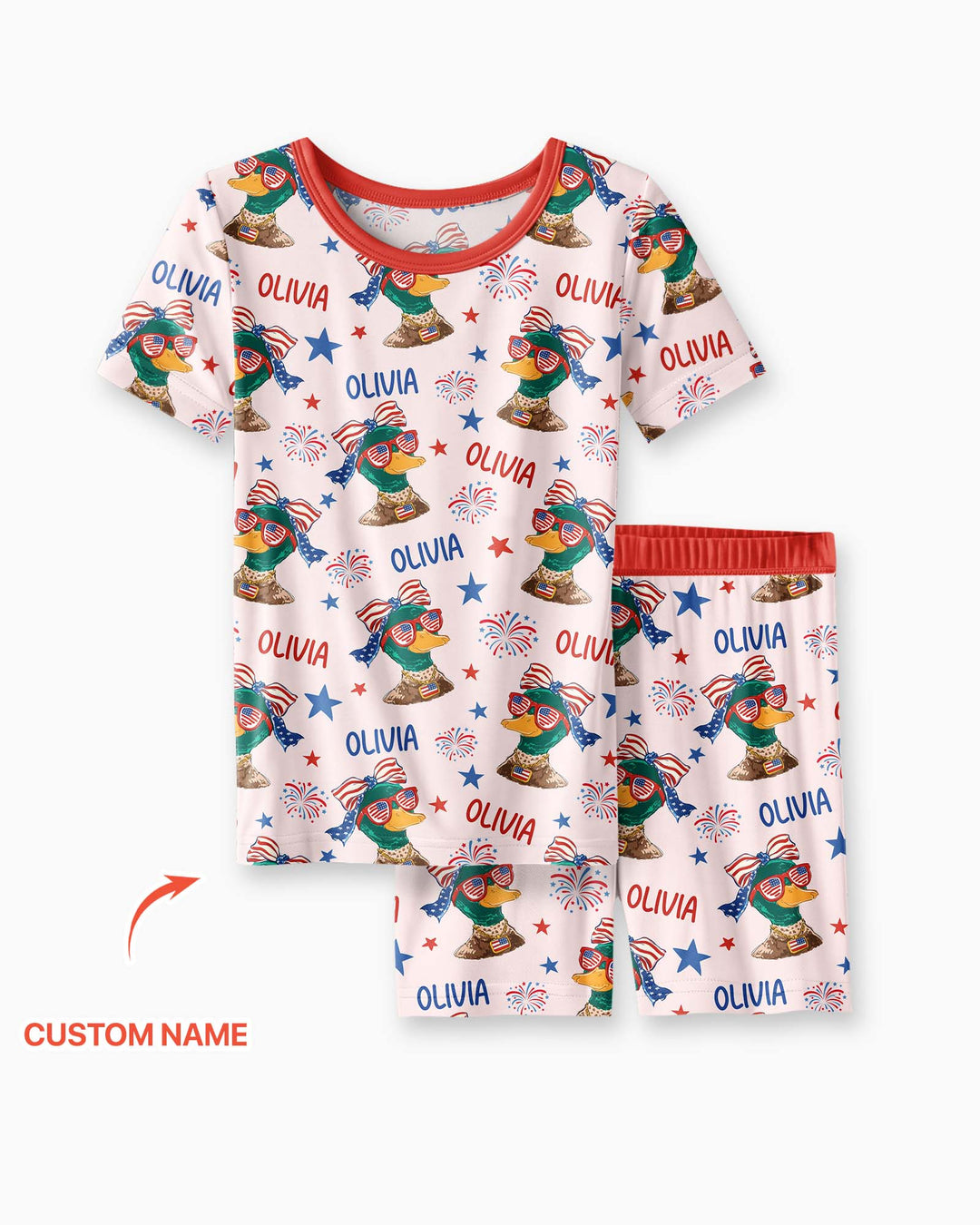 Custom Name Patriotic Mallard Duck Bamboo Two Piece Short Sleeve Shorts Pajama Set