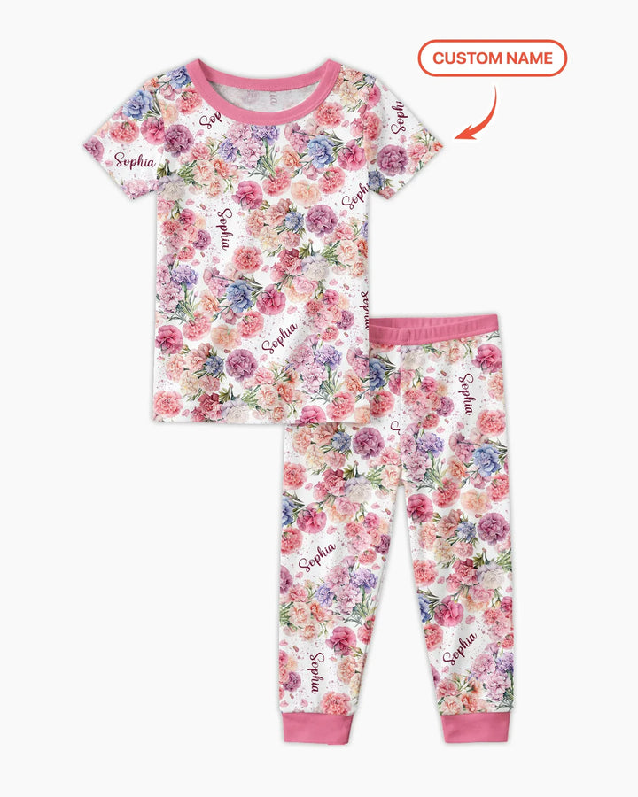 Custom Name Birth Month Flowers Bamboo Two Piece Short Sleeve Pajama Set