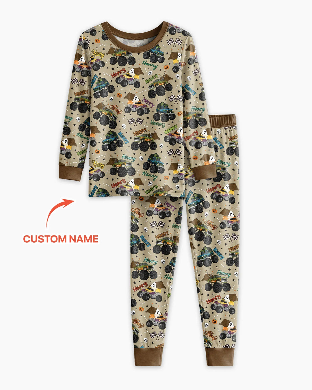 Custom Name Halloween Creepy Crusher Family Matching Bamboo Two Piece Long Sleeve Pajama Set