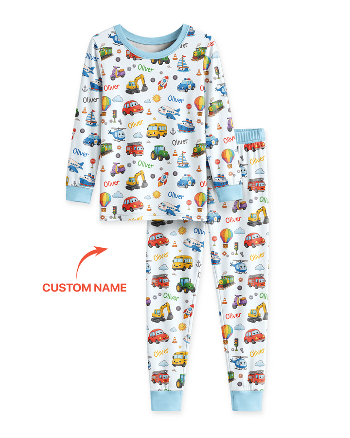 Custom Name Cute Transport Bamboo Two Piece Long Sleeve Pajama Set