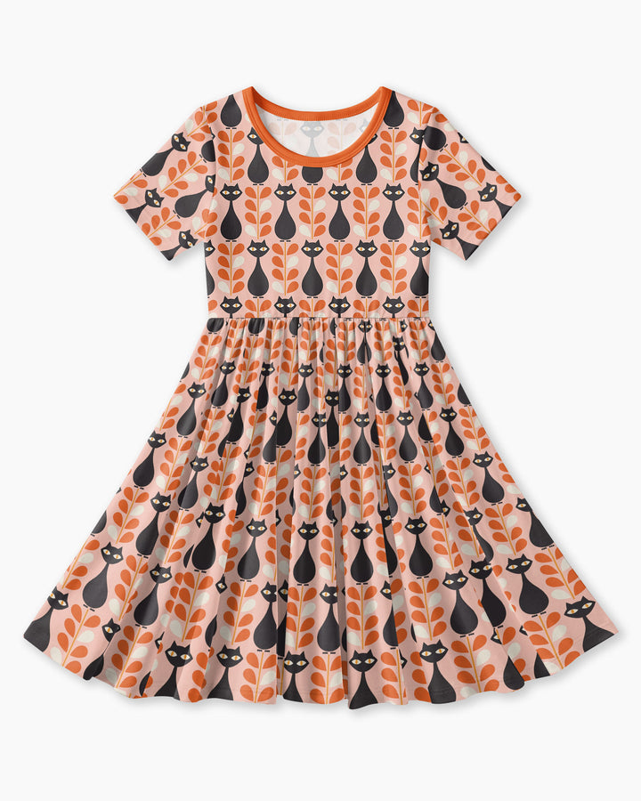 Retro Black Cat Garden Bamboo Twirl Dress