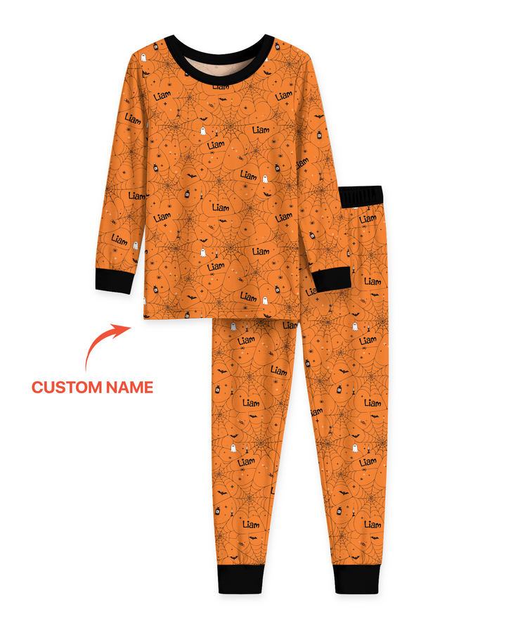 Spooky Spider Web Halloween Custom Name Bamboo Two Piece Long Sleeve Pajama Set