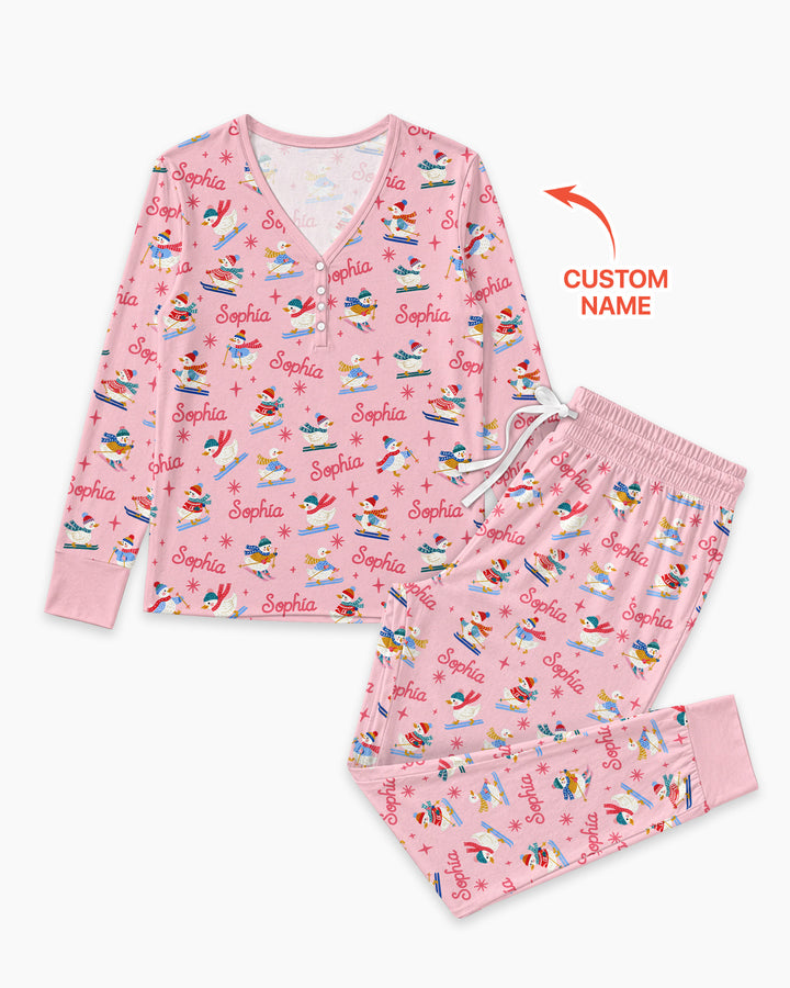 Custom Name Skiing Goose Bamboo Women Pajama Set