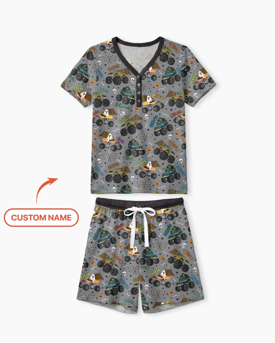 Custom Name Halloween Creepy Crusher Family Matching Bamboo Women Short Sleeve Short Pajama Set