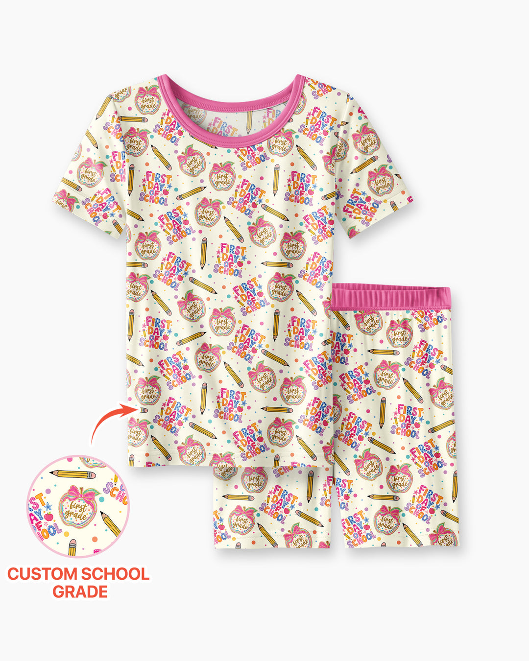 Custom School Grade First Day Cutie Bamboo Two Piece Short Sleeve Shorts Pajama Set