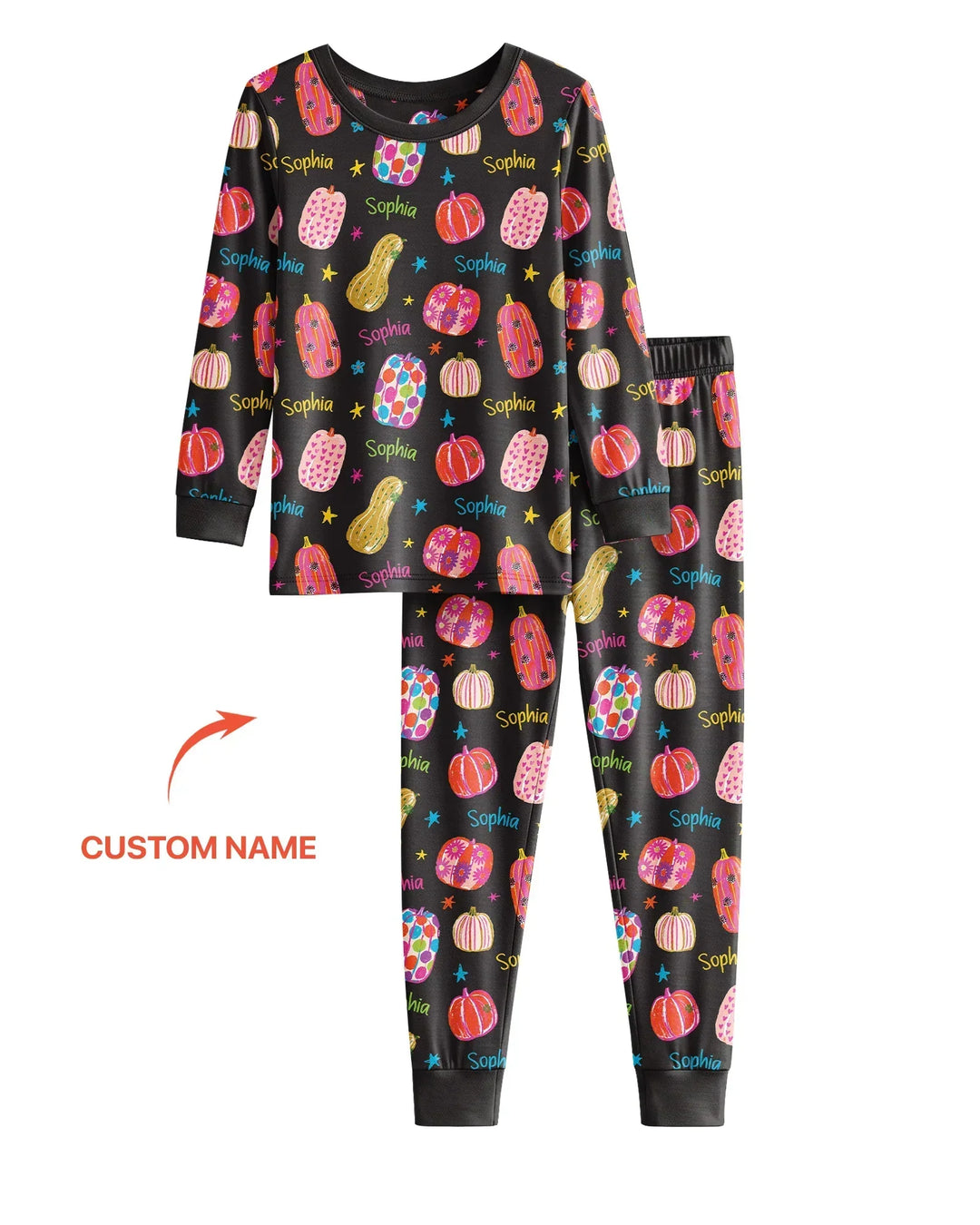 Custom Name Colorful Pumpkin Bamboo Two Piece Long Sleeve Pajama Set
